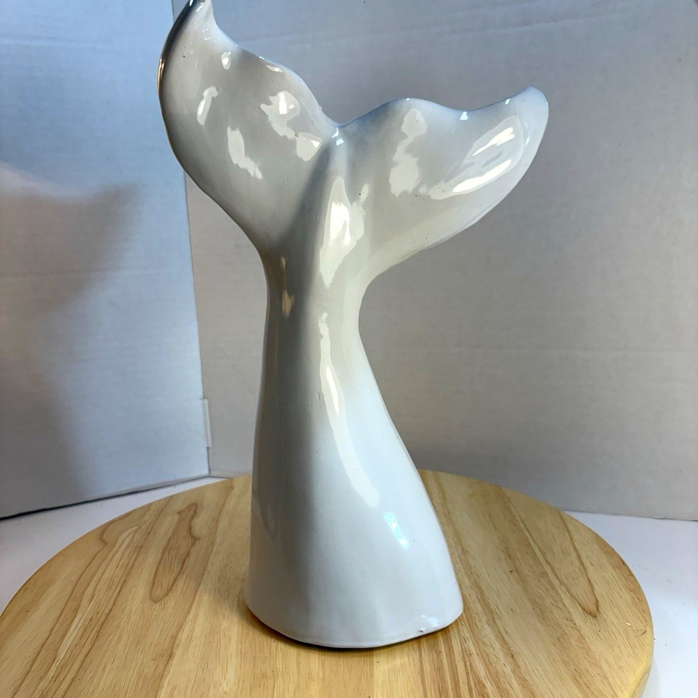 White Glossy Ceramic Whale Tail Figurine Freestand Animal Decor Sculpture 12.5